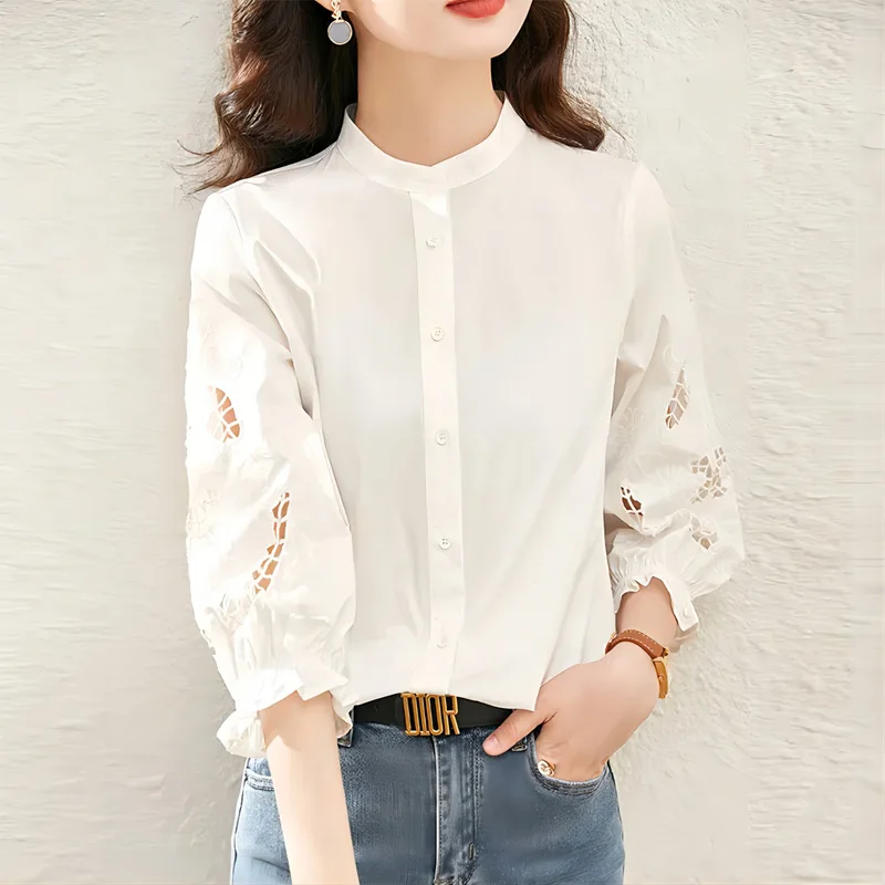 

2023 Summer Commuting Minimalist Style Stand Neck Sleeve Hollowed Out Embroidery Solid Color Single Breasted Three Quarter Shirt