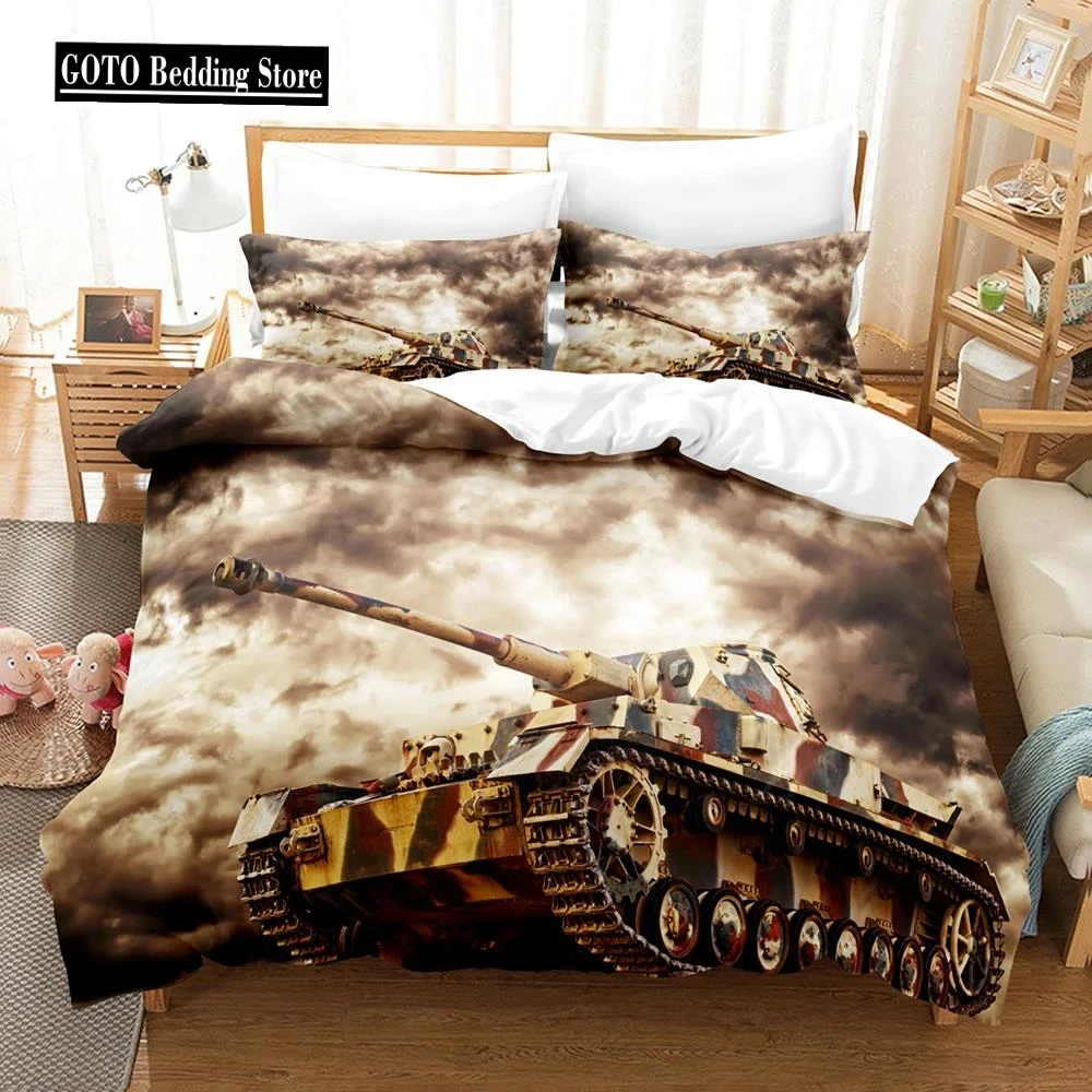 Print Retro Style Tank Bedding Duvet Cover Set for Men Boy Teen Kid War Times Fireworks Full Bedding Set Microfiber Quilt Cover