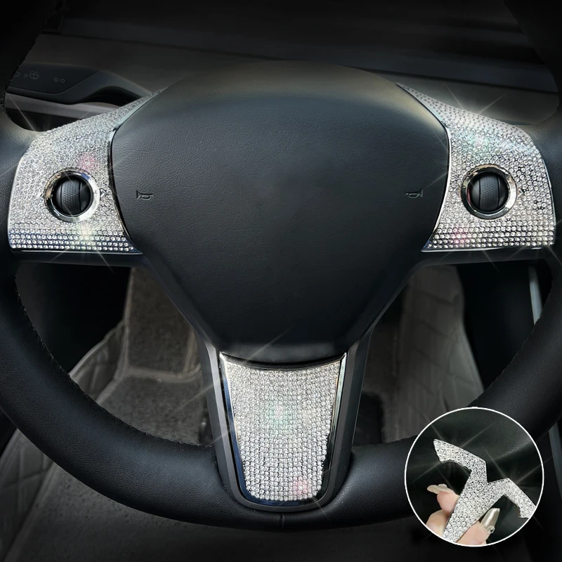 Bling Diamond Steering Wheel Logo Trim Sticker For Tesla Model 3 Model Y Crystal Interior Refit Decor Ornament