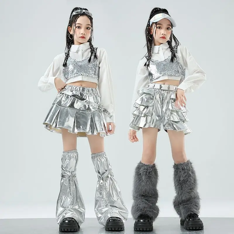 

Jazz Dance Silver Costumes for Girls T-Shirts Loose Pants Streetwear Hip Hop Dance Rave Clothes Stage Performance Outfits