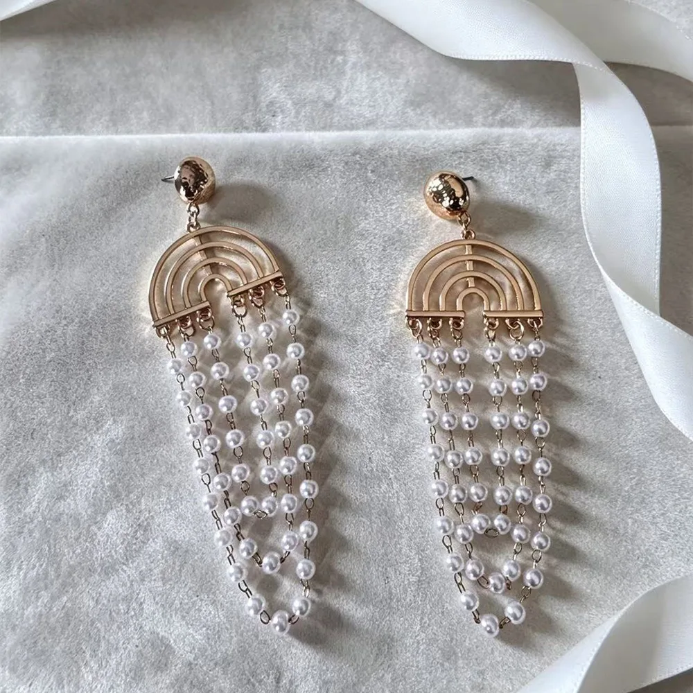 Arch Geometric Long Tassel Drop Earrings, Multi Layer Imitation Pearl Fringe Dangle Jewelry for Women Banquet 2026 Hot Sale