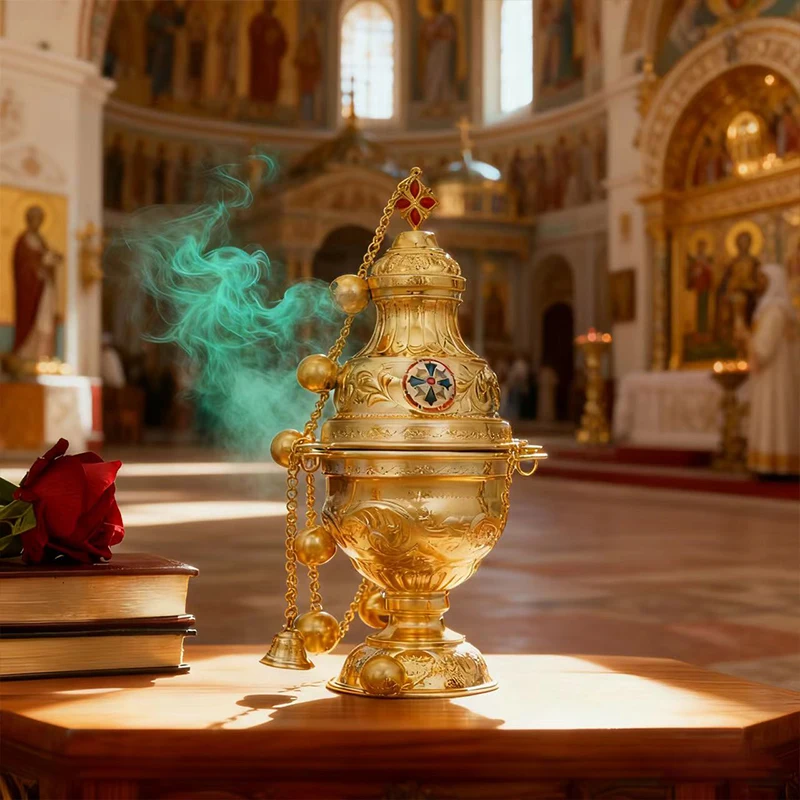 Neuer orthodoxer Weihrauchbrenner mit Kette und Glocken aus vergoldeter Zinklegierung, für Kirchenzeremonien, mit traditionellem Design, Geschenk. – Detail 4