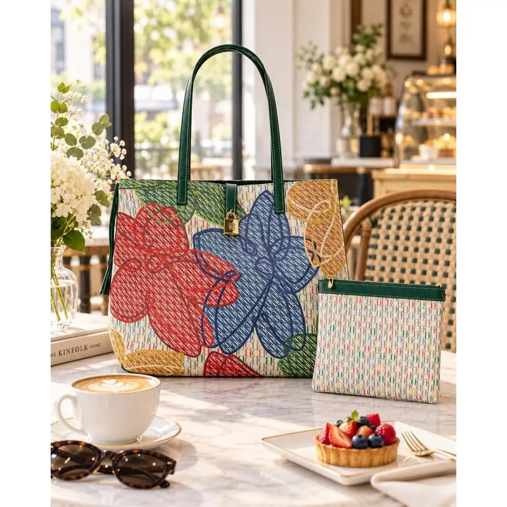 CH Womens Romantic Tote Bag Big Flower Print Matching Purse Gold Lock Top Handle Large Shoulder Handbag