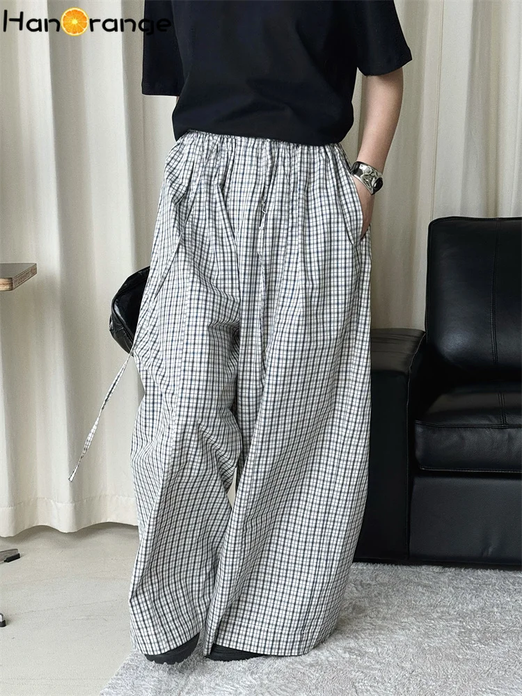HanOrange Summer Women's Cotton Relaxed Restrained Checkered Pattern Pants 2026 Elastic Drawstrings Plaid Trousers Apricot/Navy