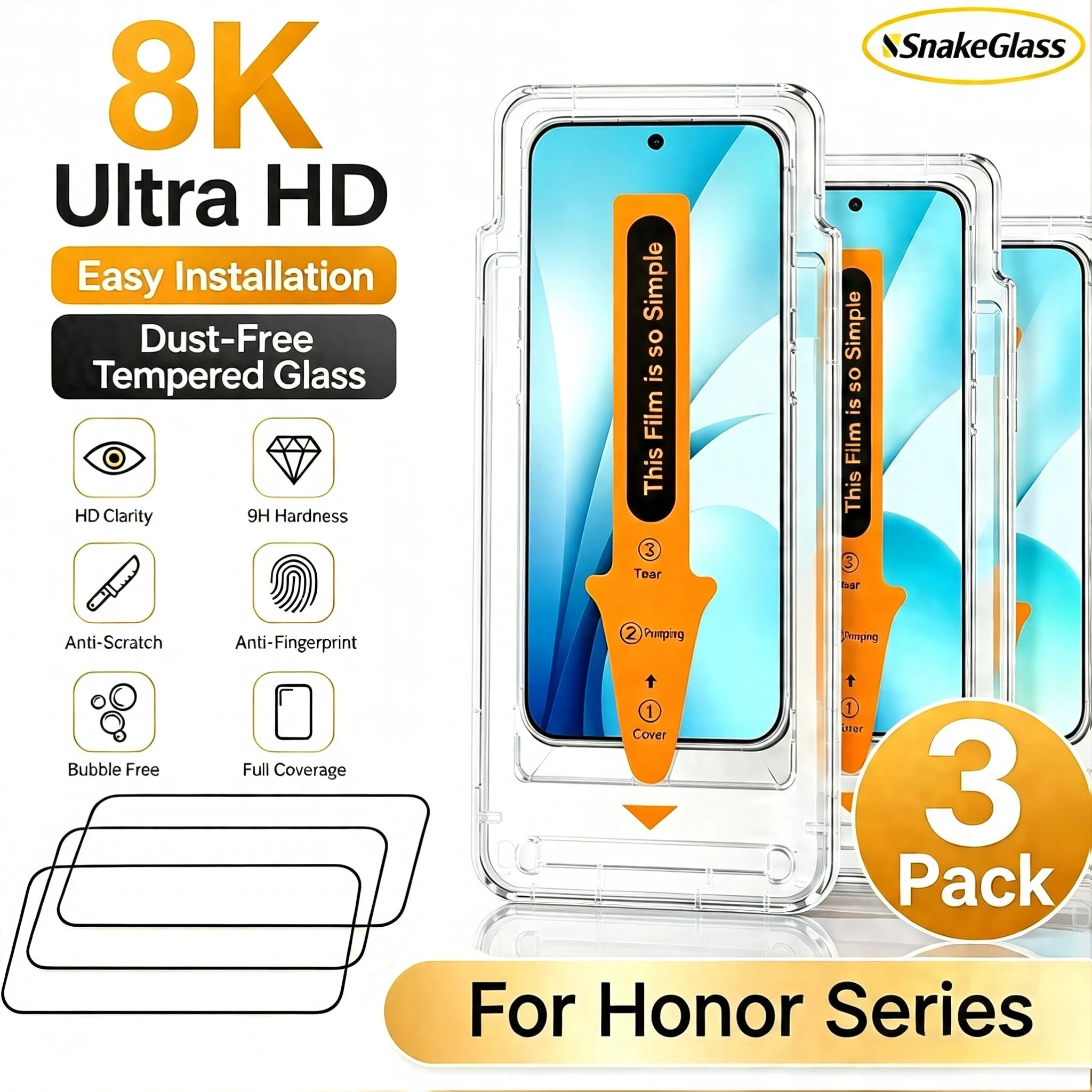 3 Stück einfach zu installierendes HD-Hartglas für Honor Magic8 7 6 5 4 Pro Lite 500 400 300 200 100 Pro Displayschutzfolie Anti-Kratz-Folie