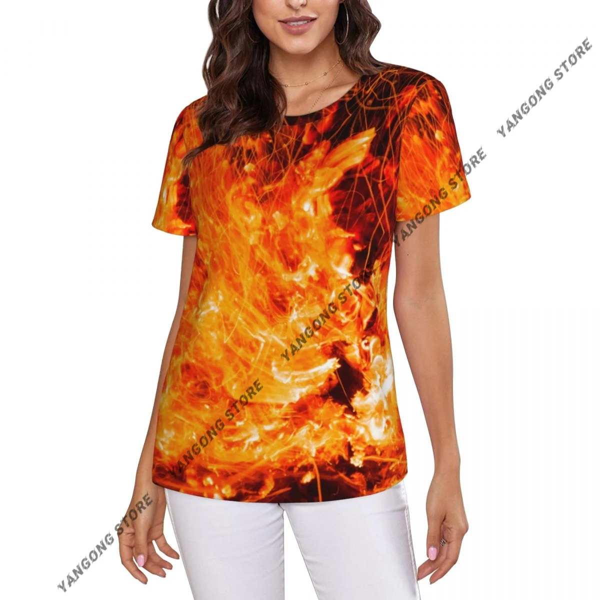 Casual Summer Woman Skinny Fit T-shirt Tight Short-Sleeve O-neck Tee Basic Abstract Burning Fire With Sparks T Shirt