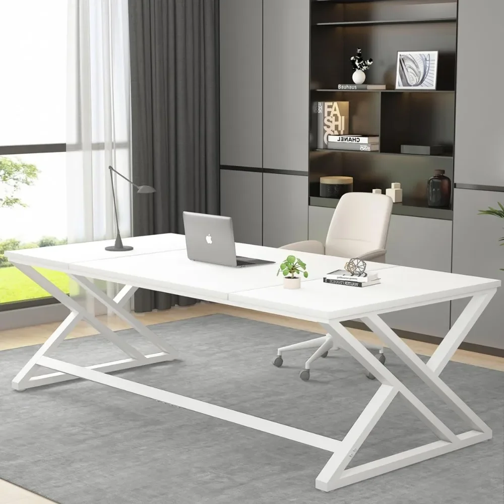 

White Long Computer Desk, Modern Large Wood Metal Office Desk, Farmhouse Pc Study Work Writing Desk for Two Person