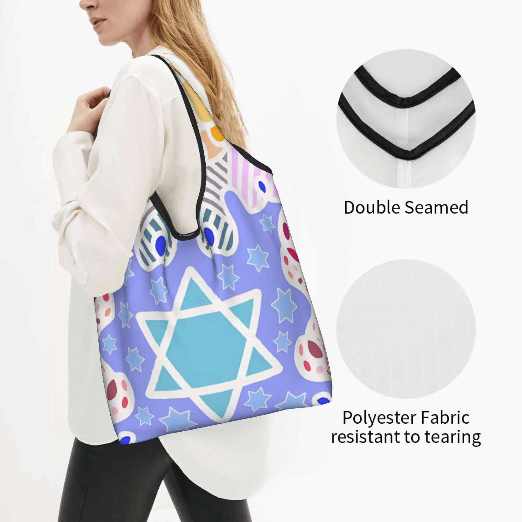Custom Jewish Pastel Israel  Shopping Bags Women Portable Large Capacity Groceries Star of David  Shopper Tote Bags