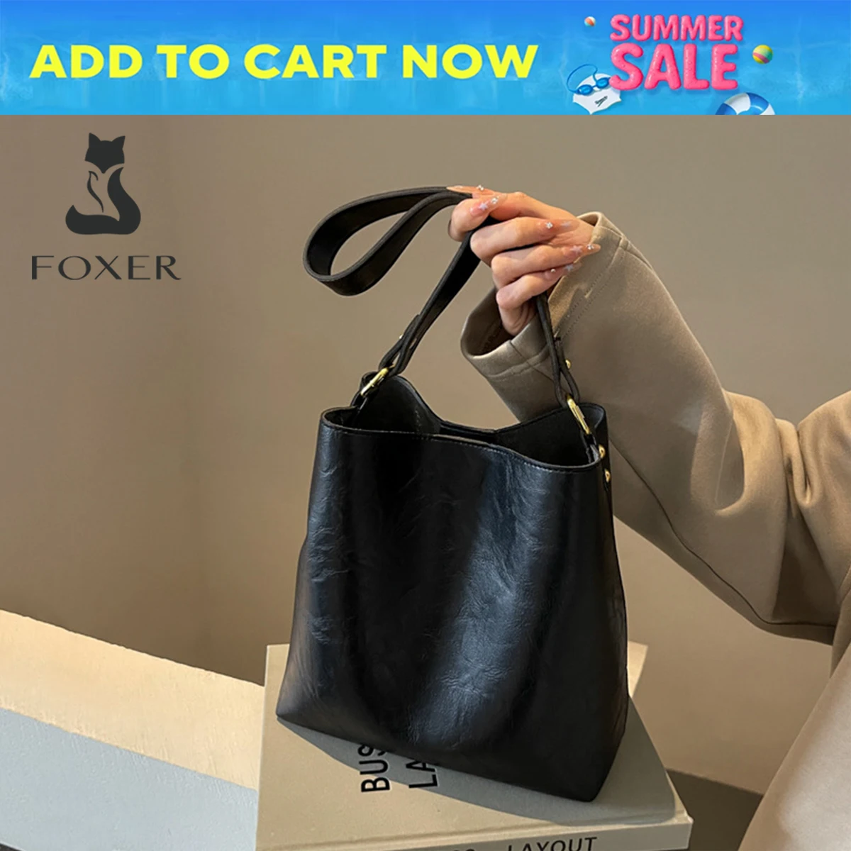 

FOXER Women Simple Shoulder Hobo Bucket Bag Lady Large Capacity Daily Commuting Crossbody Handbag Tote