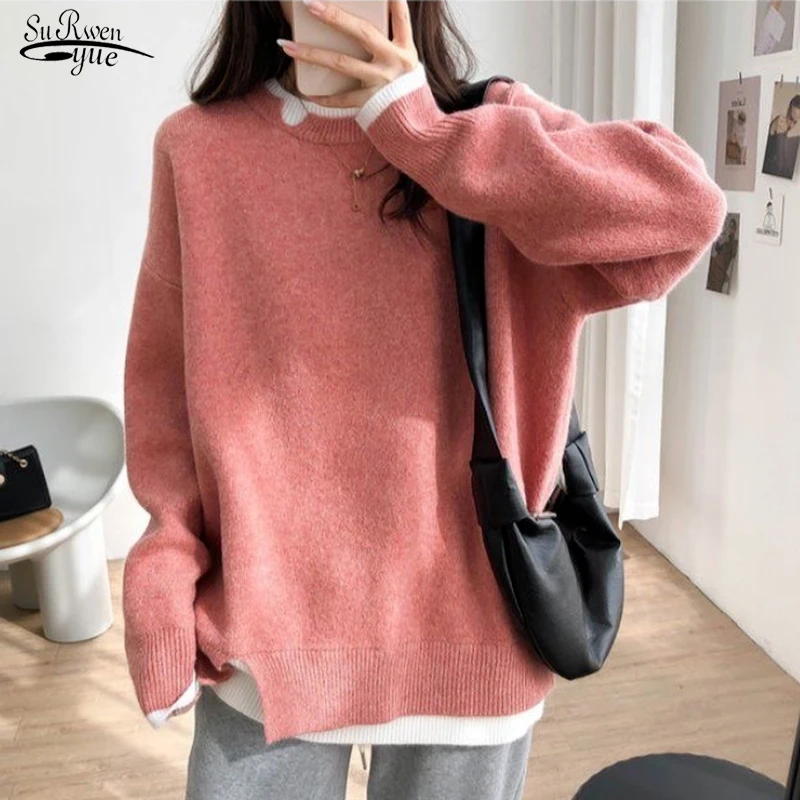 

Elegant Long Sleeve Knitted Sweater Autumn Loose Casual Sweater Fashion Winter Solid Pullover Soft Pull Femme Age Reducing 17654