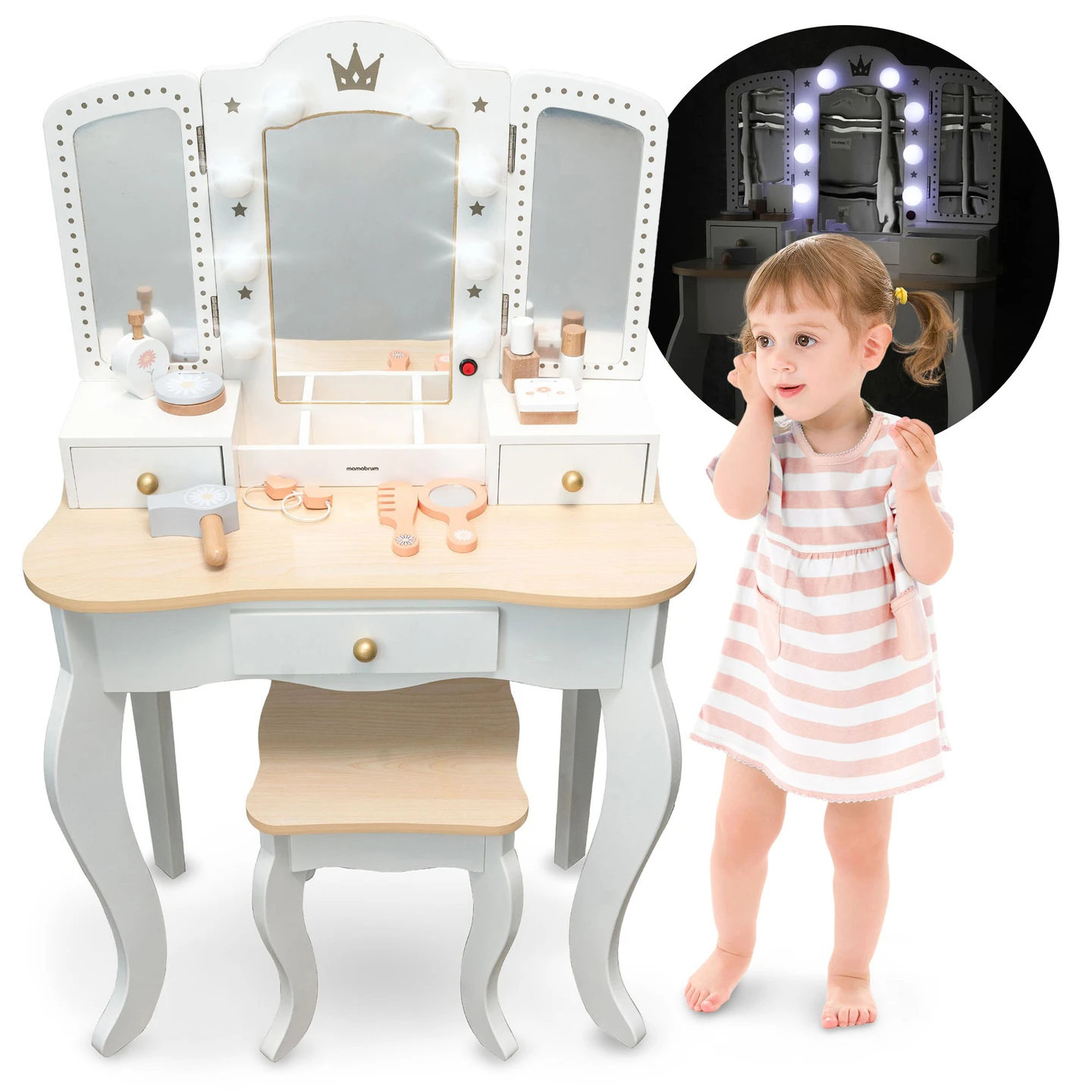 Mamabrum Houten toilet met opbergvakken en accessoires LED XXL schoonheidssalon voor meisjes Educatief speelgoed 3+