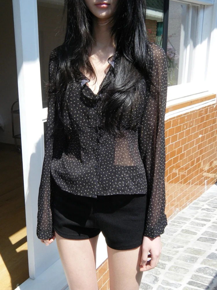 

Dot Printed Chiffon Black Long-sleeved T-shirt Women Autumn New High Street V-neck Ruffled See-through Sexy Tops