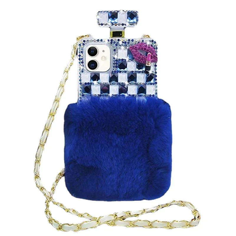 Luxury Bling Diamond Fur Perfume Bottle Cover, Mobile Phone Case for iPhone 16 Plus, 11, 12, 13, 14, 15 Pro Max