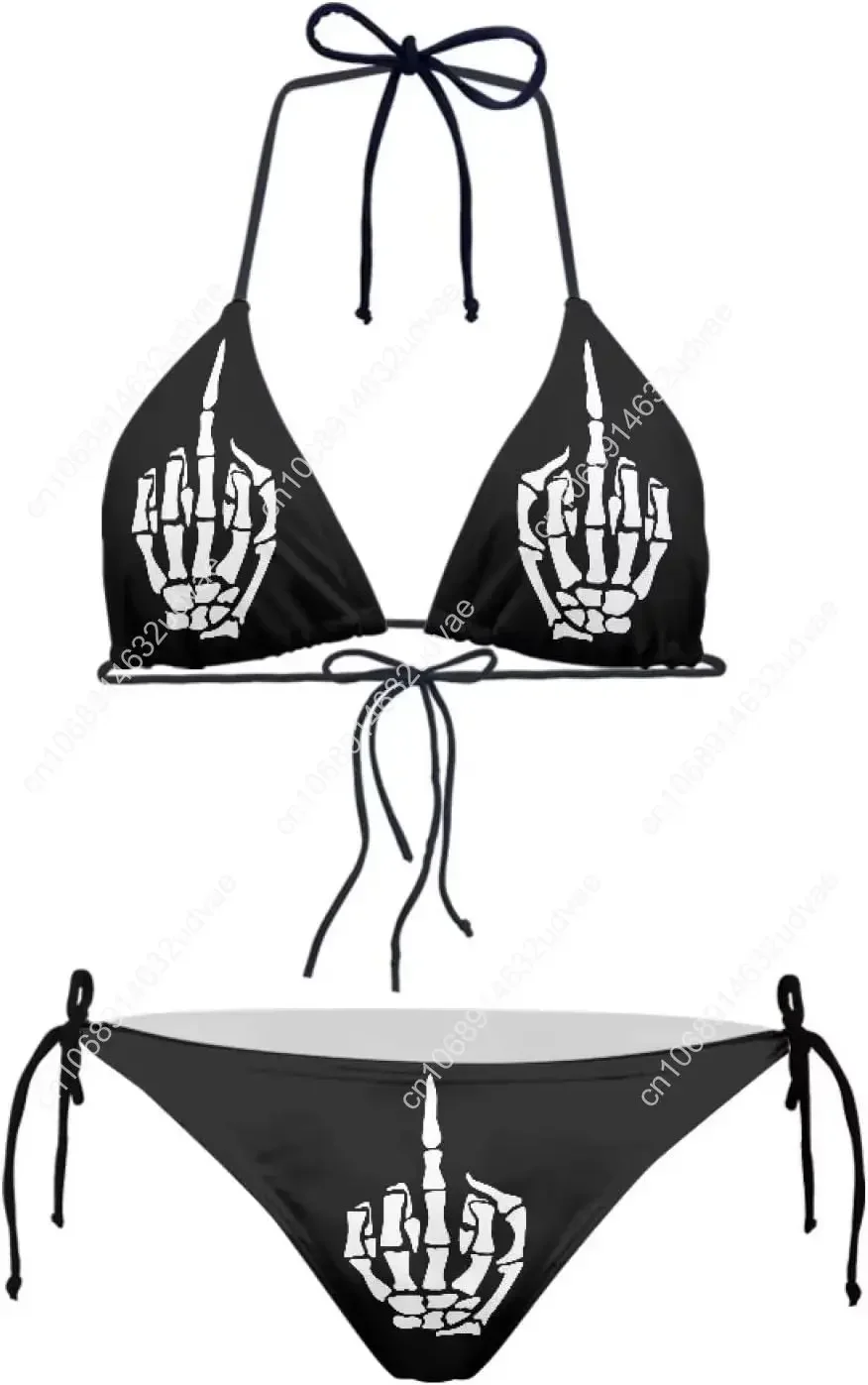 Damen-Bikini-Set mit Totenkopf-Mittelfinger, Push-Up-Triangel-Bikini, Badeanzug, niedrige Taille, Tankini, 2-teilig, sportliches Tank-Top