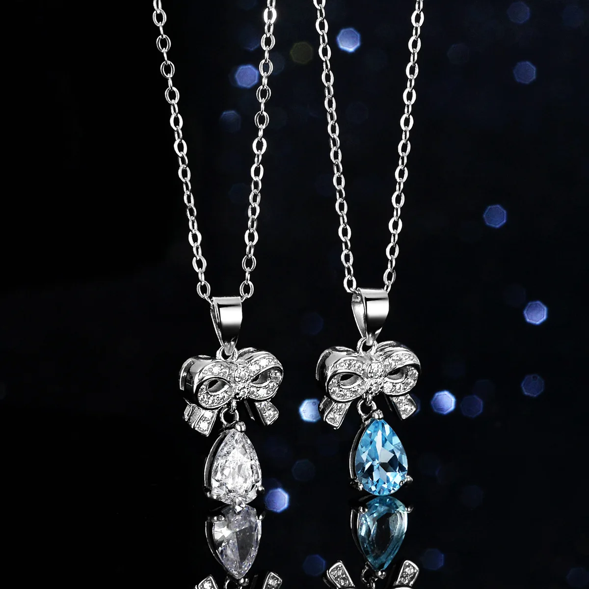 

Boutique PT950 platinum necklace natural blue topaz 1 carat moissanite diamond pendant female bow drop clavicle chain