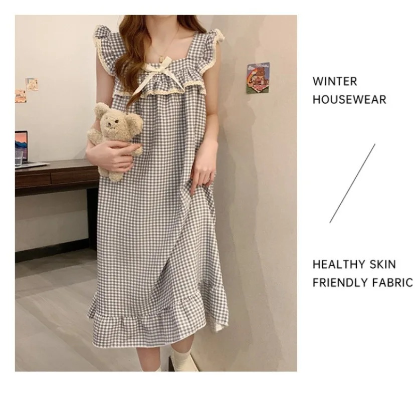 Women Korean Sweet Plaid Bow Design Nightgown with Straps Sleep Dress Cute Summer New Loungewear Y2K Nightgown with Built-in Bra