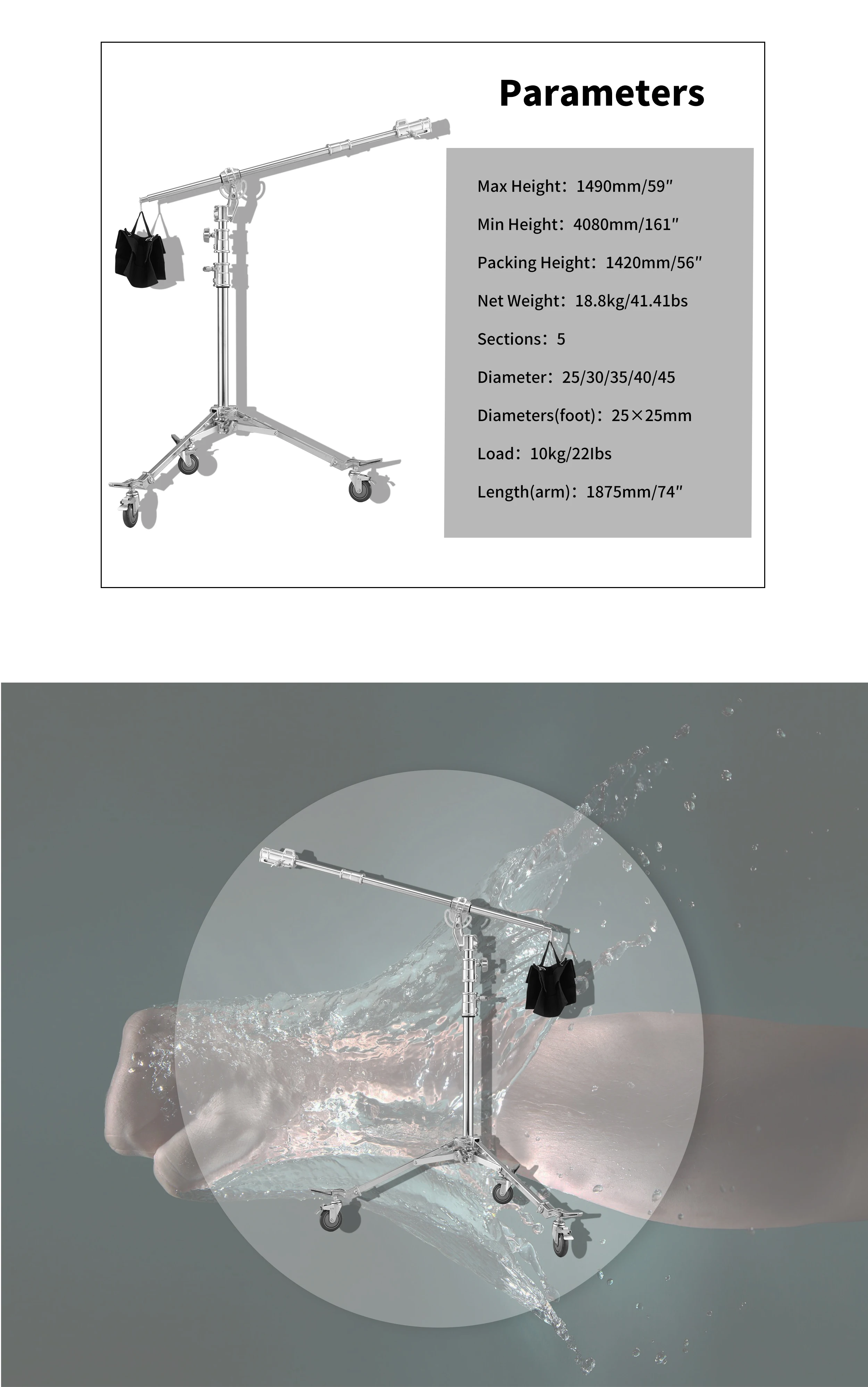 NiceFoto LS-M6 Stainless Steel Heavy Duty Adjustable Light Stand With Wheels And Arms