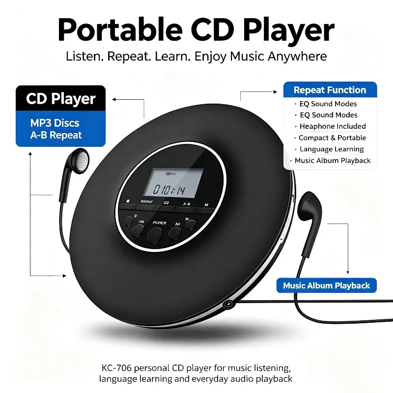 Portable CD Player Walkman MP3 Repeater Music CD Disc Player For English Study & Entertainment