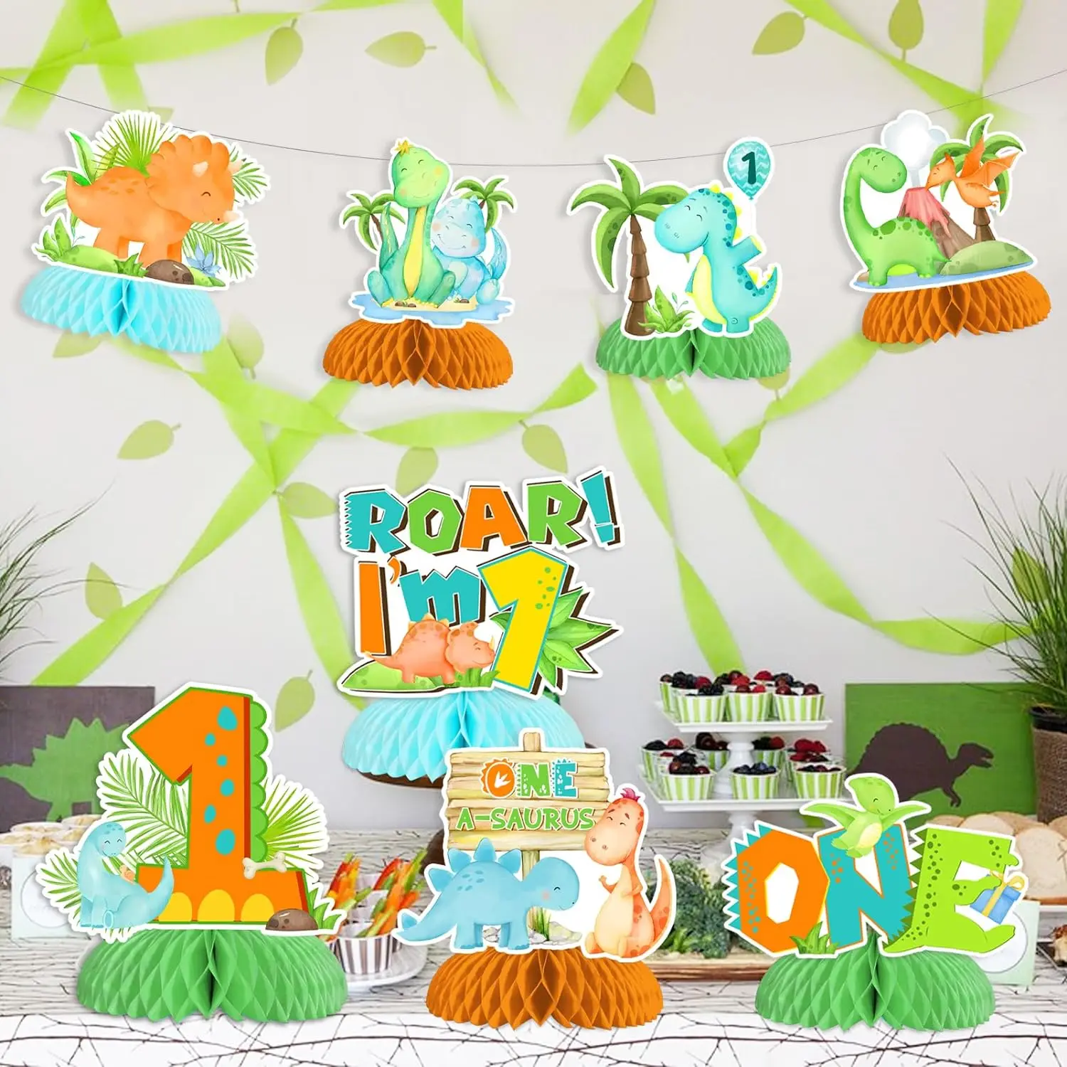 8pcs Honeycomb Centerpieces One a Saurus First Birthday Decor Dino Table Toppers for Roar Im 1 Jungle Safari Animal 1st Birthday