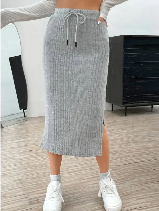 Autumn and Winter New Casual High Waist Drawstring Slit Knitted Wool Skirt Ladies Fashion Solid Color Slim-fit Half Body Skirt