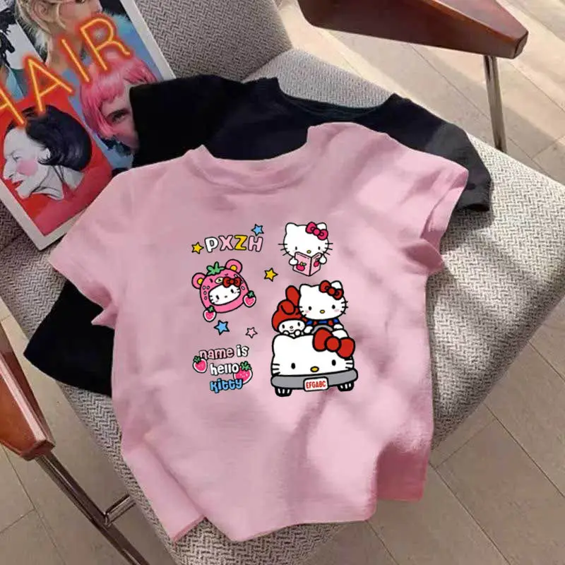 Hello Kitty Sanrio Grey T-shirt Kawaii Cartoon Print Cotton Tops O-neck Oversized Shirts Streetwear Splicing Top Women Clothing