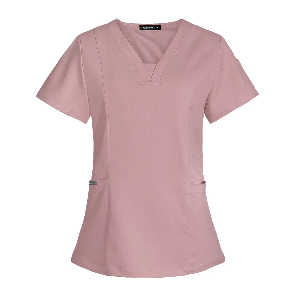 Beauty Salon Pocket Nursing Uniform Ladies Short Sleeve V-neck Blouse Care Workers Scrub Tops Nurse Workwear Medical Uniforms