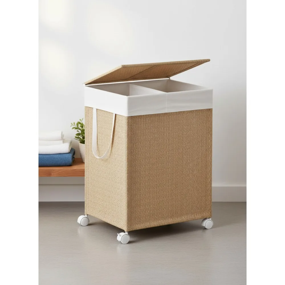 

Large Rolling Laundry Basket with 2 Sections, 100L Rattan Hamper with Lid & Wheels, Removable Washable Liner