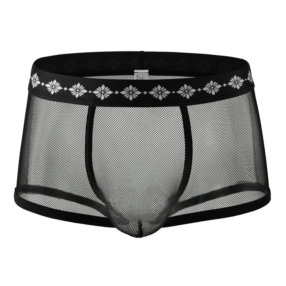 Low Waist Men\\\'s Mesh Trunks Boxer Shorts with Bulge Pouch Breathable See Through Underwear 85% Nylon 15% Spandex