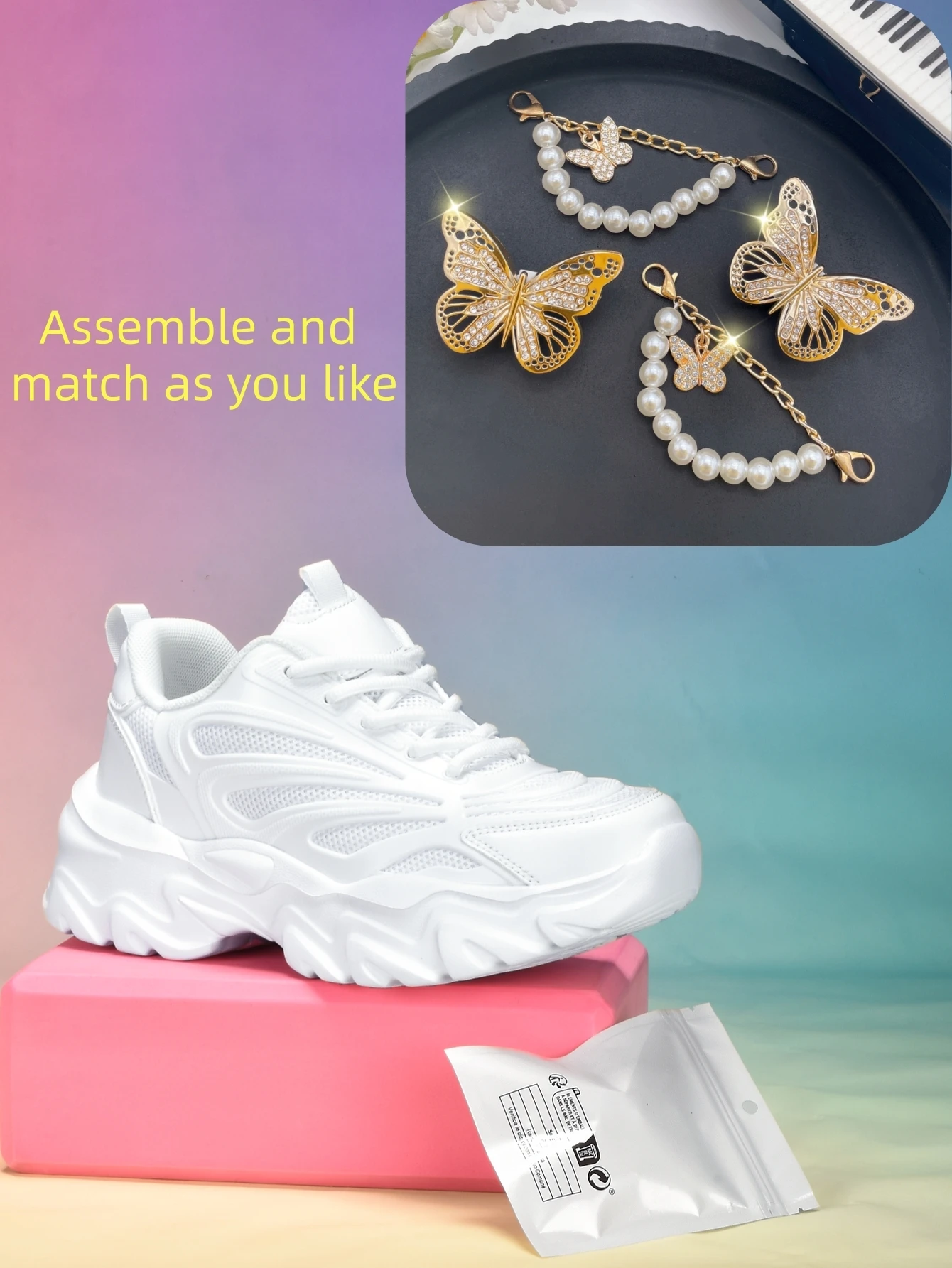 Women's Thick-Soled 5cm Height-Increasing Dad Shoes, Y2K Sweet-Cool Style, with Detachable Gold Butterfly Pearl Chain Decoration, Mesh Breathable Eva Irregular Sole, White Casual Sneakers, Trendy for Everyday Wear, Unique Design, Sweet Girl Style, Versatile for Students, Soft-Soled Comfortable Women's Shoes - view 6