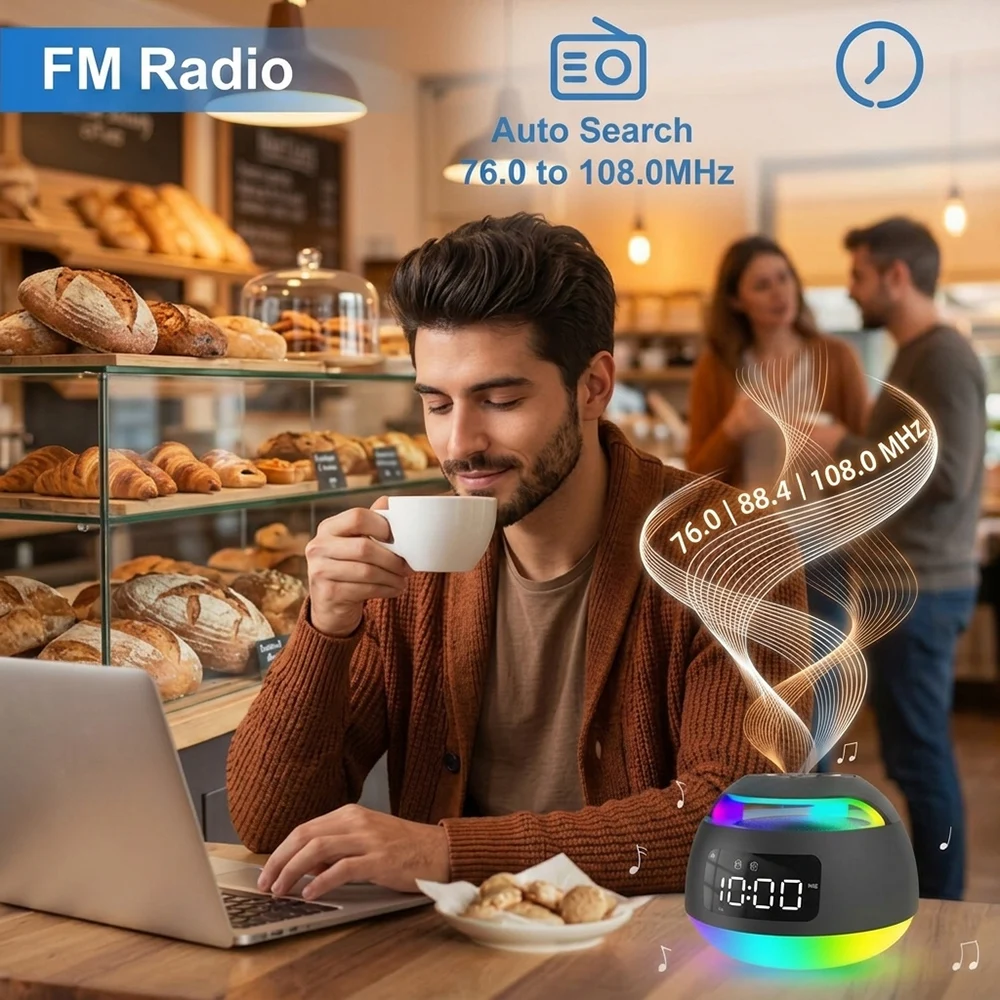 Bluetooth Speaker Alarm Clock with FM Radio Colorful Night Light TF Card USB Playback Time Week Display Ringtones Home Decor