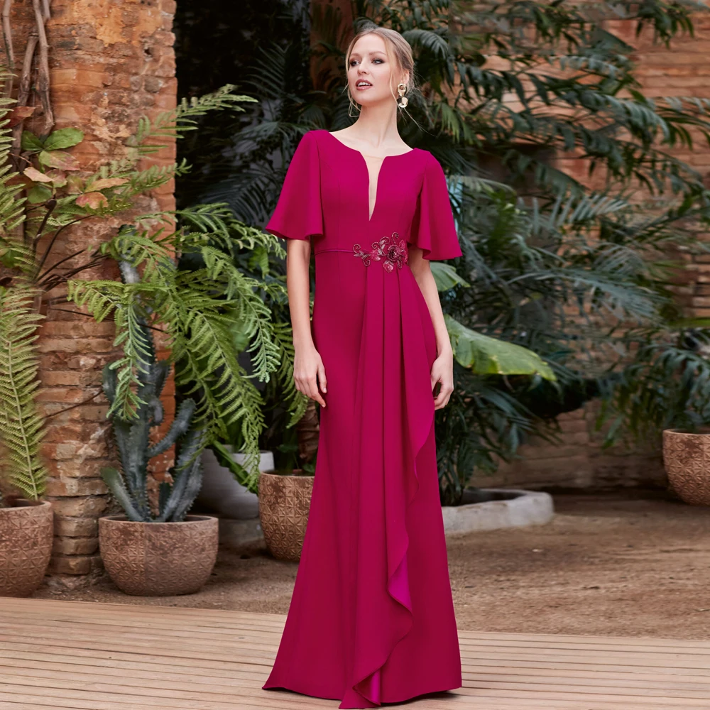 

Elegant Mermaid Mother of the Bride Dresses O Neck Half Flare Sleeves Wedding Party Gowns Applique Floor-Length فساتين السهرة