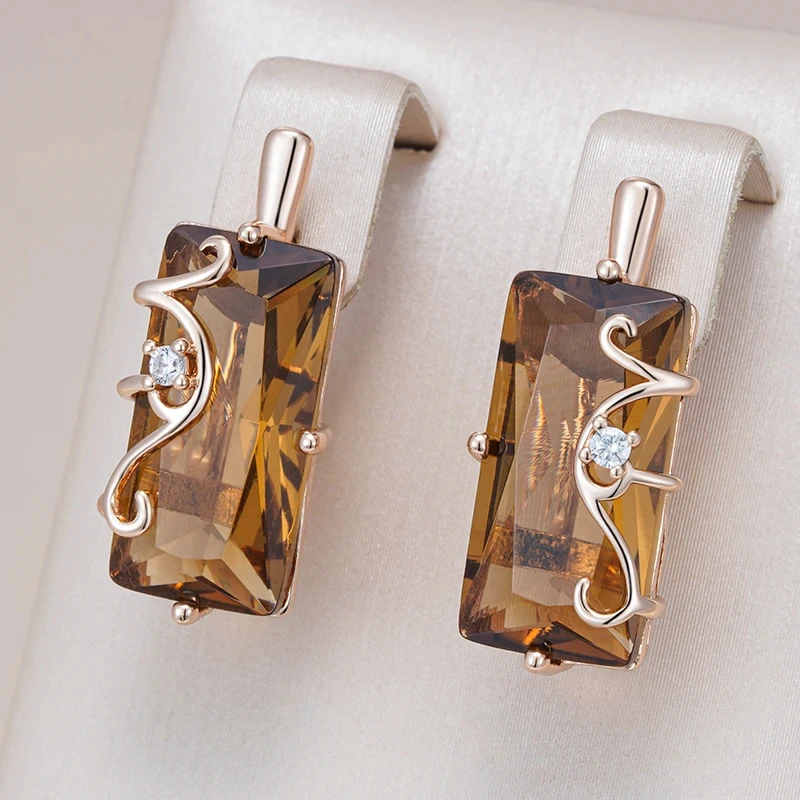 Wbmqda Brown Square Stone Drop Earrings For Women 585 Rose Gold Color High Quality Daily Party Jewelry Accessories