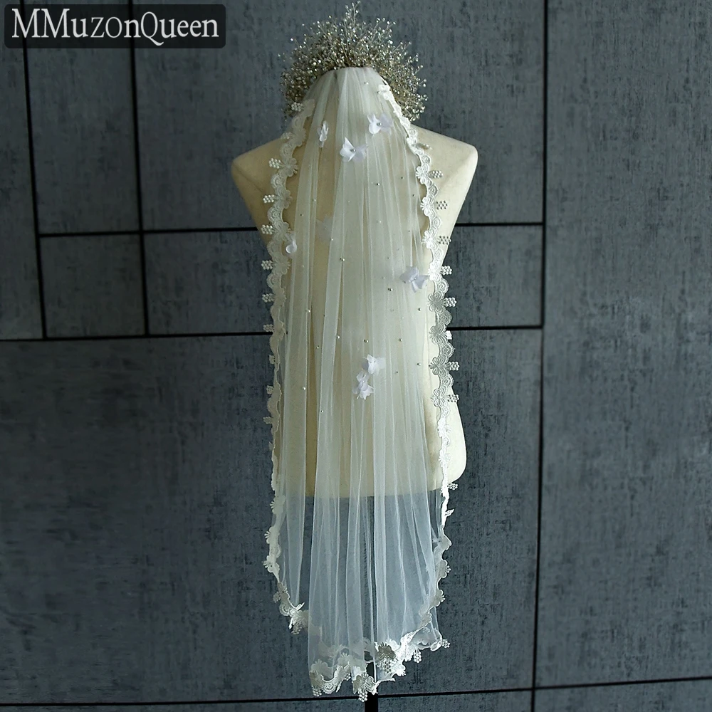 MMQ Pearl Bridal Veil Lace 3d Flowers Refers To Long White Soft Tulle Outdoor Wedding Accessory Women Dress 웨딩소품 M19