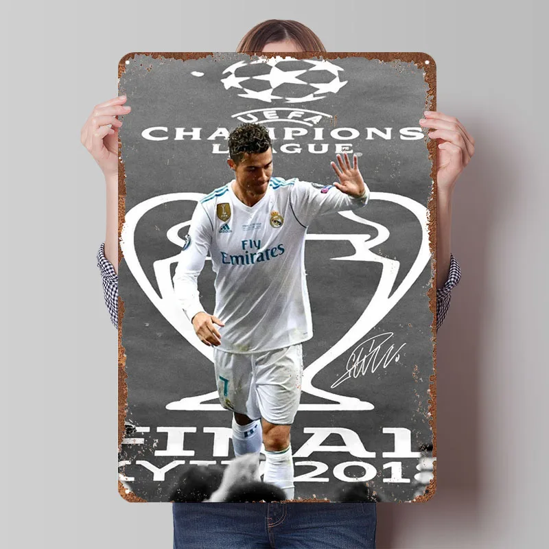 Póster de Cristiano Ronaldo, letrero de hojalata de jugador de fútbol, decoración de pared, carteles de Metal de fútbol personalizados para decoración de arte de pared, cafetería