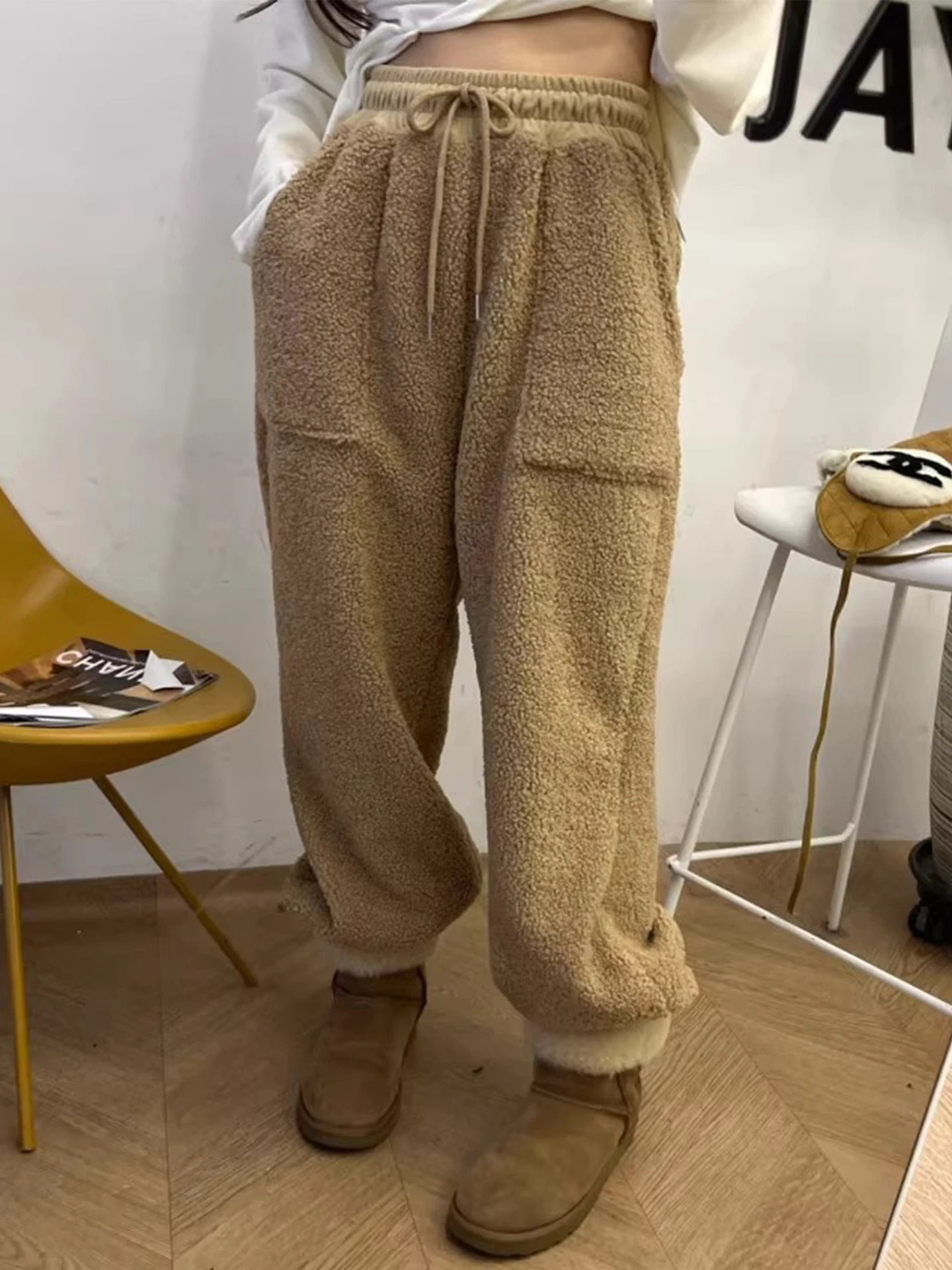 السيدات عالية الخصر Dstring Fce اصطف فرو الضأن مكبل السراويل شتاء دافئ بناطيل كاجوال تخفيف Sle الكورية Faion #5