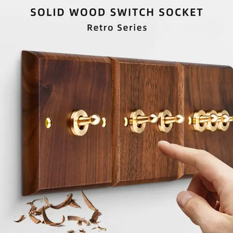 Black walnut wood retro British light switch socket, bedside wall lamp switch LED dimmer, pure wood brass toggle switch board