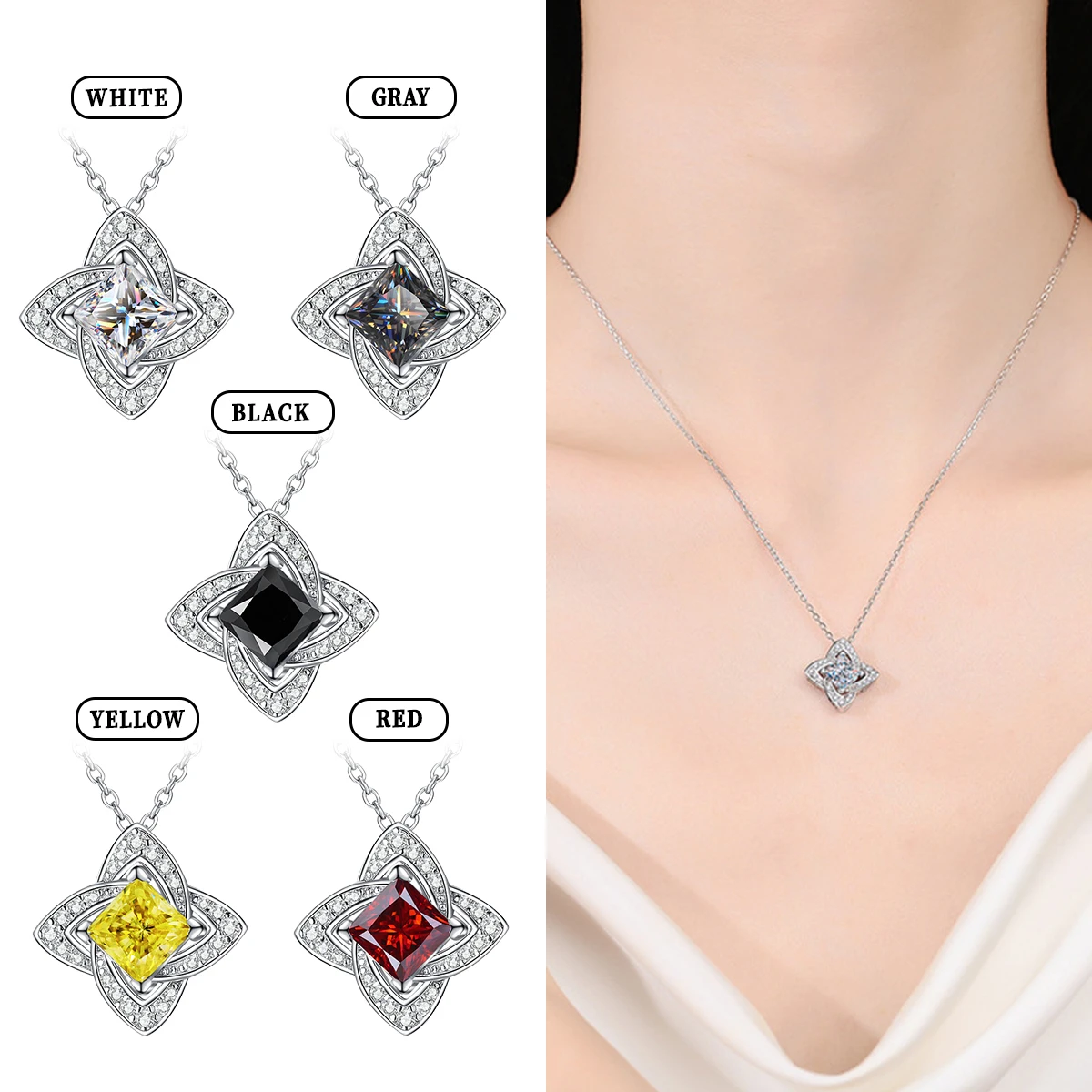 สีเทา GRA moissanite Four-leaf Square clavicle CHAIN S925 Silver Platinum ชุบสร้อยคอผู้หญิงจี้,อุปกรณ์ตกแต่ง