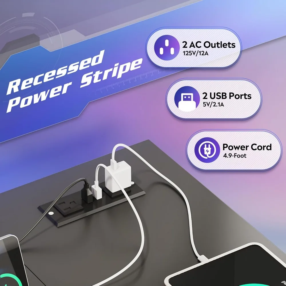 Escritorio para juegos en forma de L de 47 pulgadas con iluminación LED con tomas de corriente, escritorio esquinero para PC para espacios pequeños, mesa duradera para ordenador con Sp