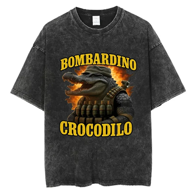 

Bombardiro Crocodilo Men Women Fashion Oversized Streetwear T-Shirt Funny Print Cotton Loose T-Shirts Washed Vintage T-Shirt