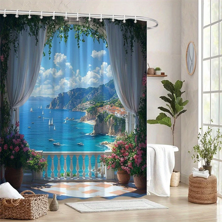

1pc Coastal Balcony View with Sailboats Shower Curtain - Lush Greenery, Pink Flowers, Turquoise Sea Design, 70.86x70.86in, 12 Ho