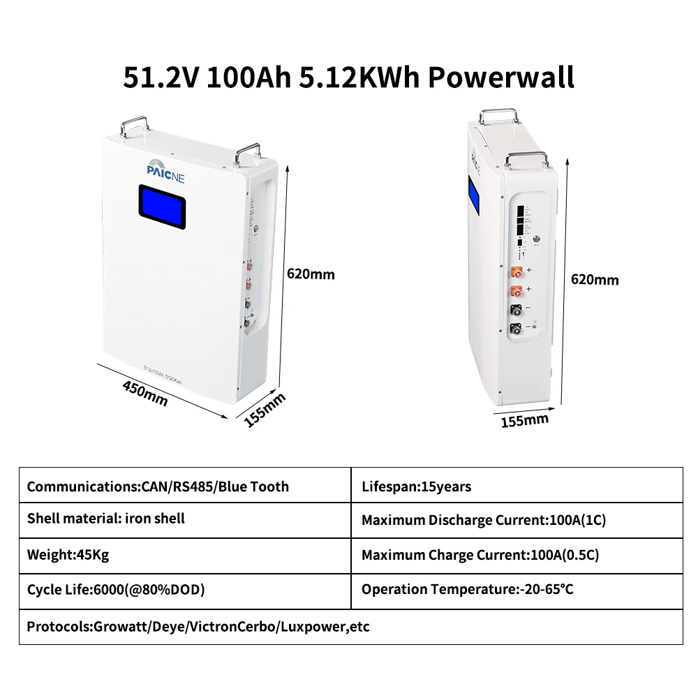 PAICHEN Smart 48V Power Wall Home Lithium Ion Battery Pack 51.2V 200Ah Solar Energy Storage Lithium Battery