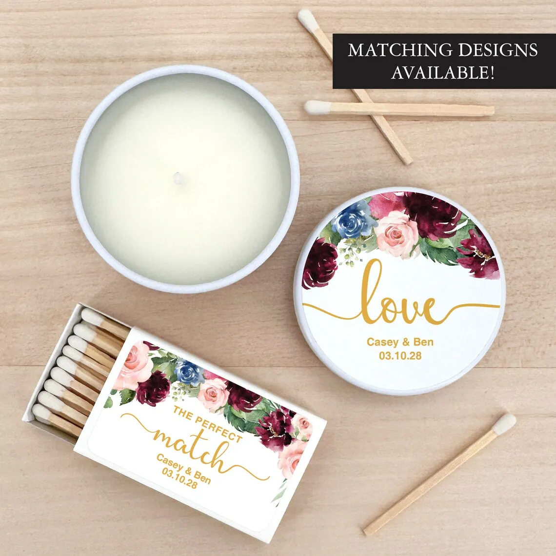 The Perfect Match Matches, Wedding Matches, Personalized Matchboxes, Watercolor Floral Matches, Burgundy and Pink wedding favors