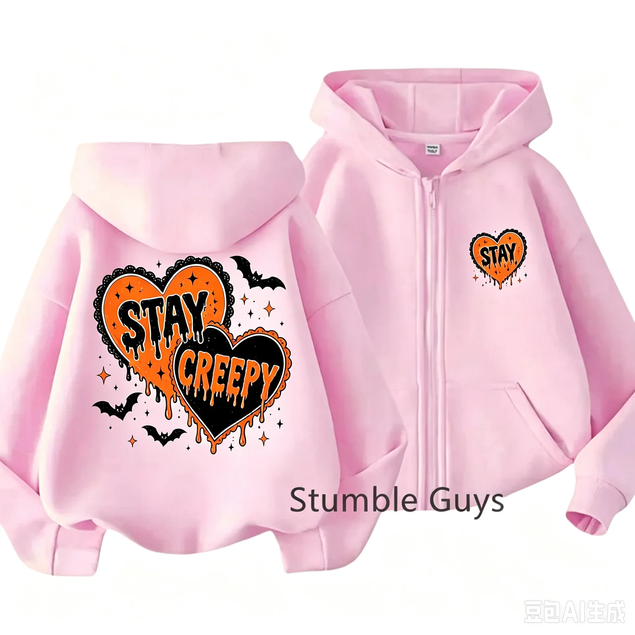 Halloween Theme Kids Zipper Hooded Jacket Stay Creepy Heart Bat Front Back Print Boy Girl Long Sleeve Casual Hoodie With Pockets