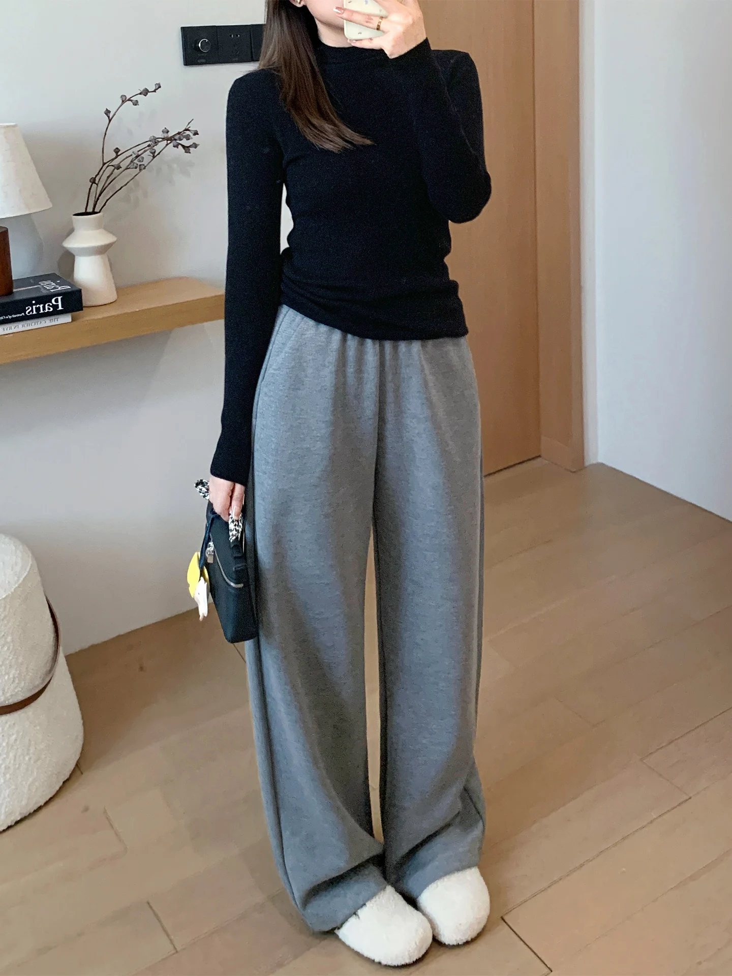 

ay Fce Lined Wide Leg Pants Women's Thi Straight Casual Trousers Autumn Winter plus Size High Waist Long Pants