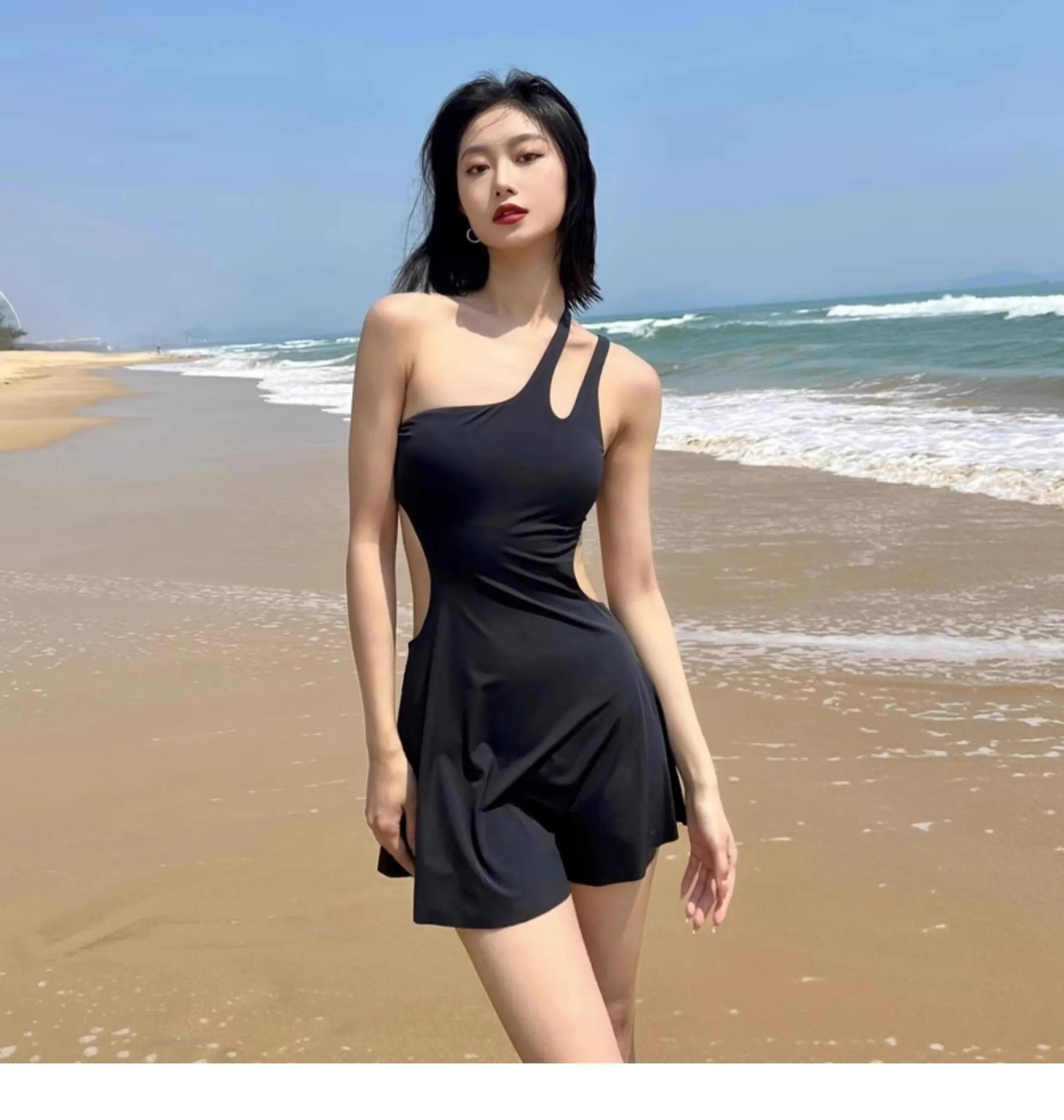 

Ele Sle Women's Two-Piece Swimsuit Bla Hollow out Bikini Skirt Flat Angle Pants Cover up Hot Spring Casual Swimwear