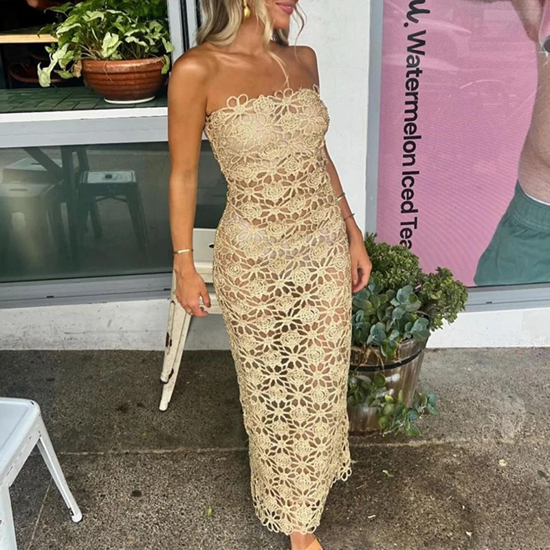 オフショルダーの透かし彫りスリムフィットワンピース、新しい気質のサスペンダー付きイブニングドレス、ジャカードタイトカジュアルロングドレス