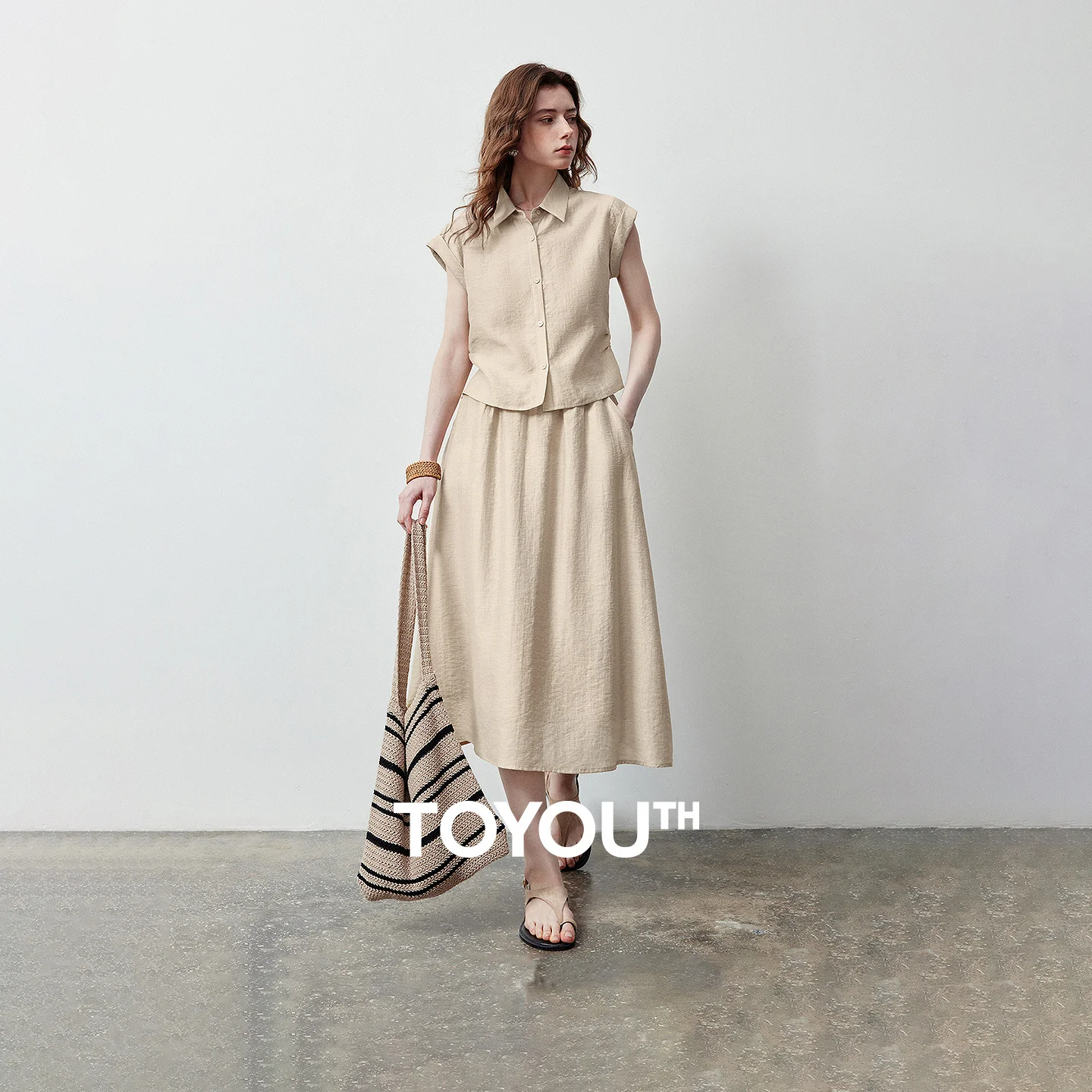 

TOYOUTH Women Lyocell Acetate Suit 2026 Summer New Rolled Sleeve Shirt Skirt Minimalist Style Two Piece Set