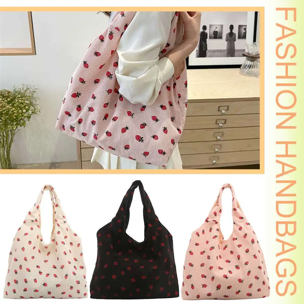 Women Strawberry Print Tote Bag Large Capacity Canvas Casual Tote Handbag Strawberry Shoulder Handbag Girls Shopper Bag