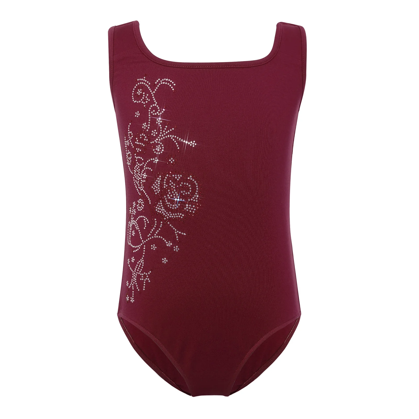 Girls Ballet Dance Leotard Square Neck Sleeveless Thin Fleece Lined Rhinestone Flower Bodysuit for Gymnastics Figure Skating