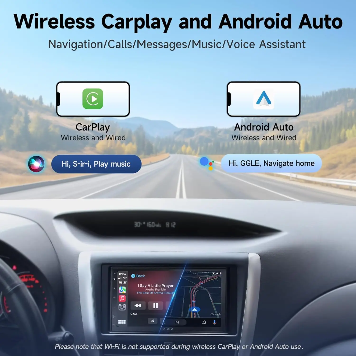 Stereo per auto A5L Android doppio DIN con CarPlay wireless e Android Auto, Wi-Fi/Bluetooth/USB, 24B-EQ/DSP, MirrorLink, HD LRV, Bac
